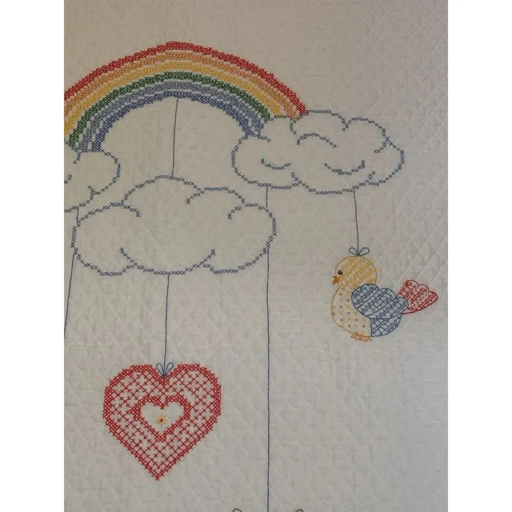 Vintage Cross-Stitch Rainbow Mobile Handmade Baby Quilt Blanket *Read*